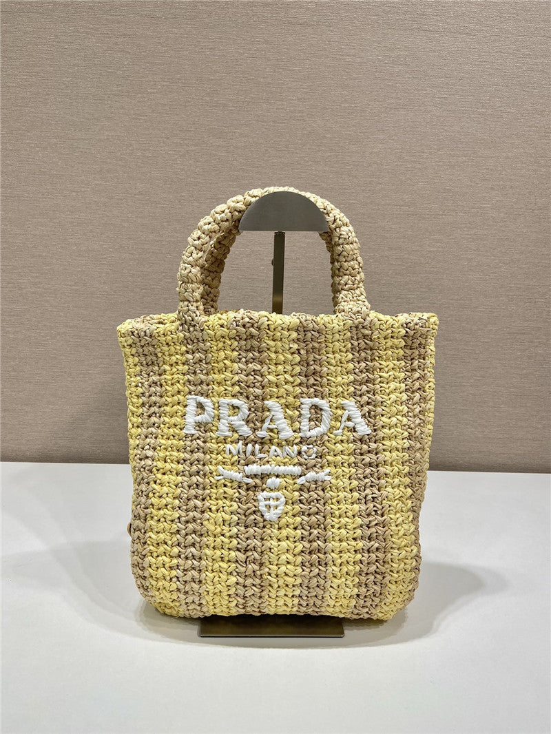 Prada Inspired Small Raffia Striped Tote Bag
