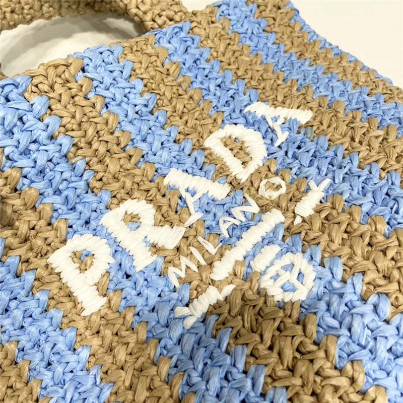 Prada Inspired Small Raffia Striped Tote Bag