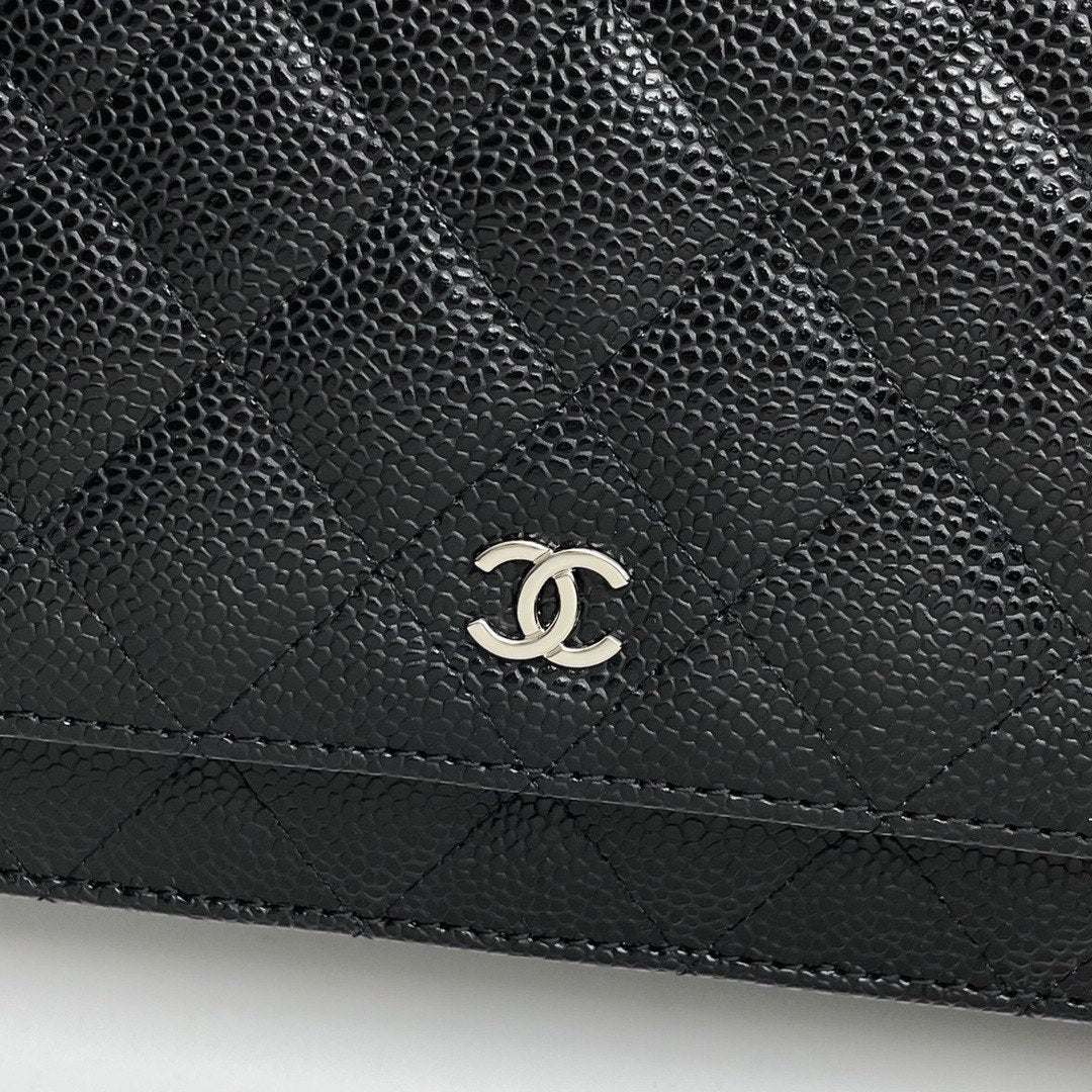 Chanel inspired WOC wallet on chain black caviar silver hardware - pochettereps