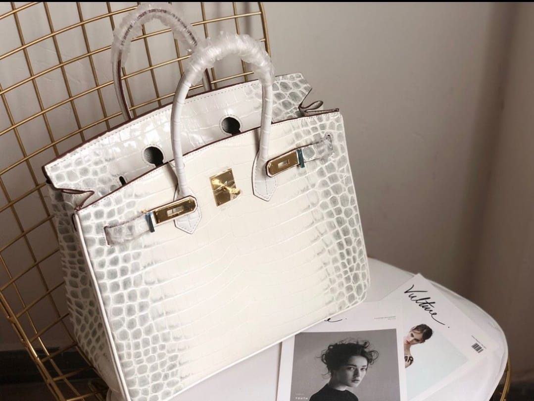 Hermes Inspired Birkin Matte Crocodile Himalaya Golden Hardware