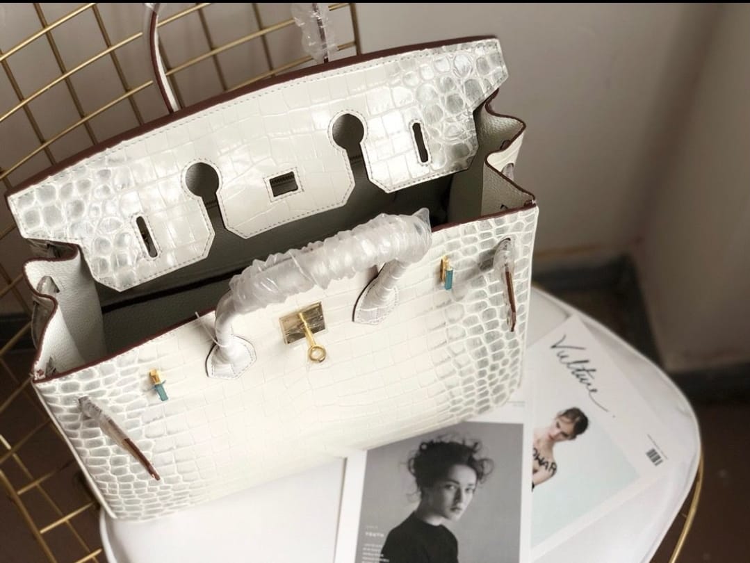 Hermes Inspired Birkin Matte Crocodile Himalaya Golden Hardware