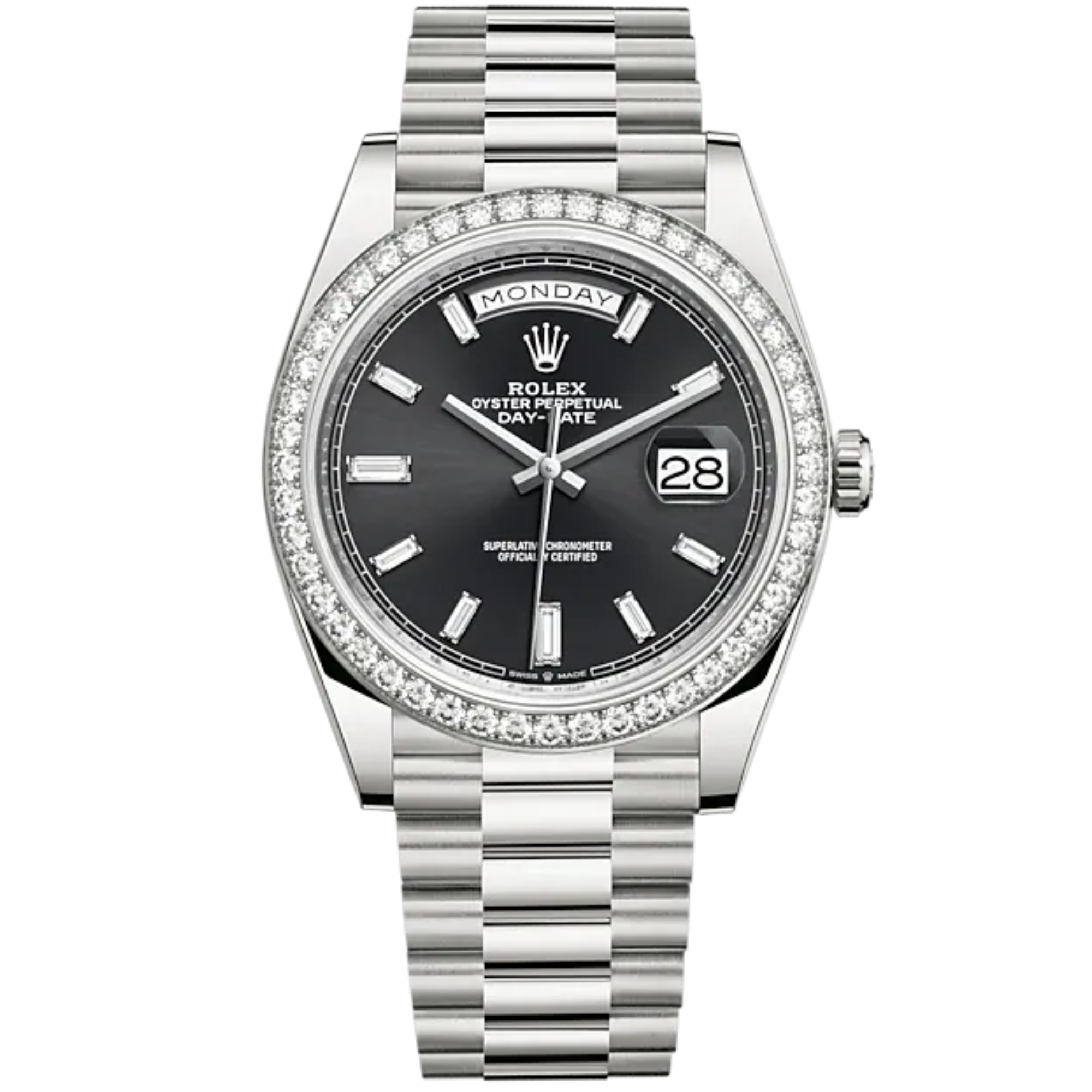 Rolex Day Date Ref. 228349RBR White Gold Black Dial with Baguette Markers/Diamond Bezel