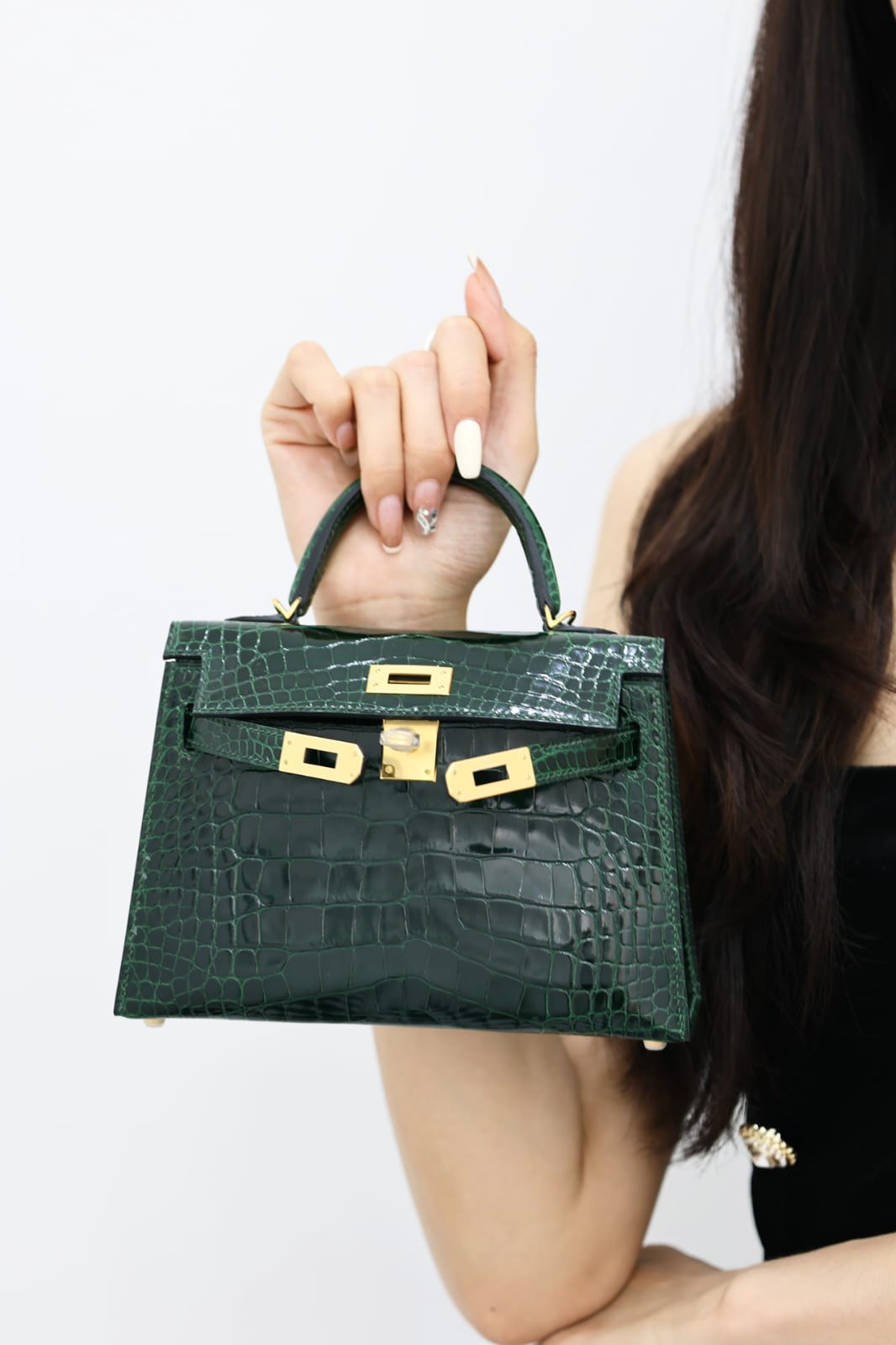 Hermes Inspired Kelly Sellier Mini II Vert Fonce Lisse Crocodile Alligator