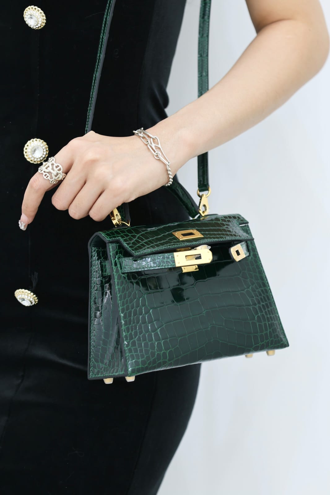 Hermes Inspired Kelly Sellier Mini II Vert Fonce Lisse Crocodile Alligator