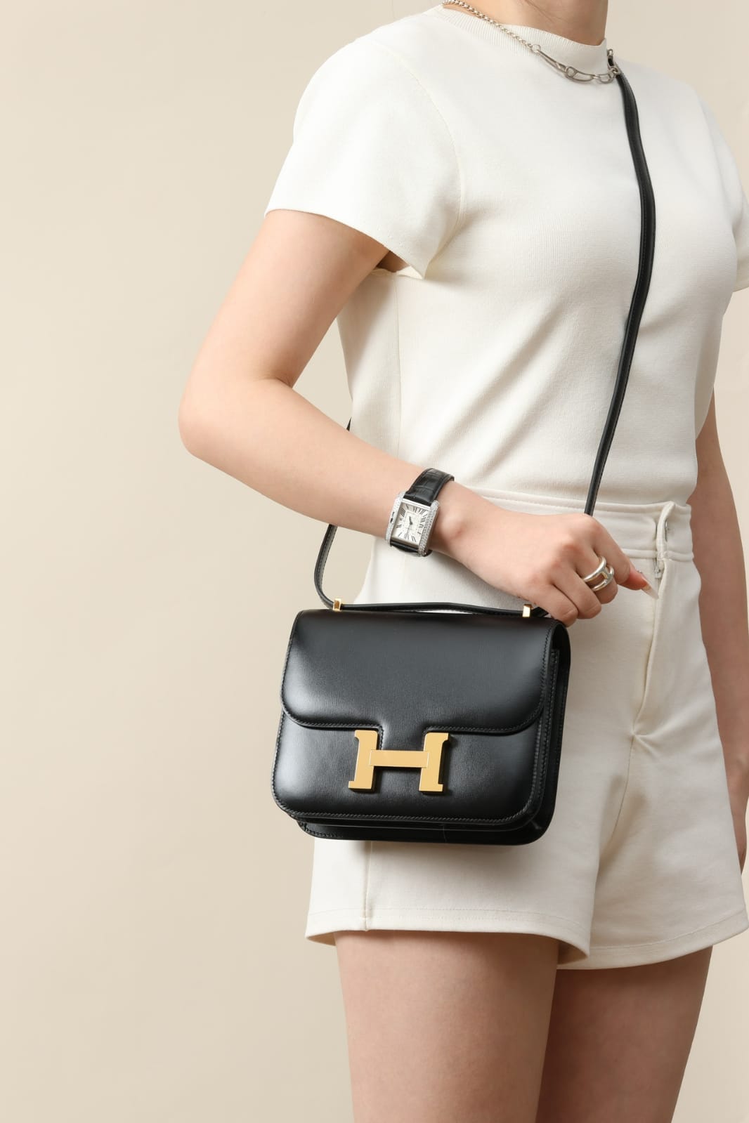 HERMES Inspired Constance Mini 19 shoulder bag in Black Swift leather with Gold hardware
