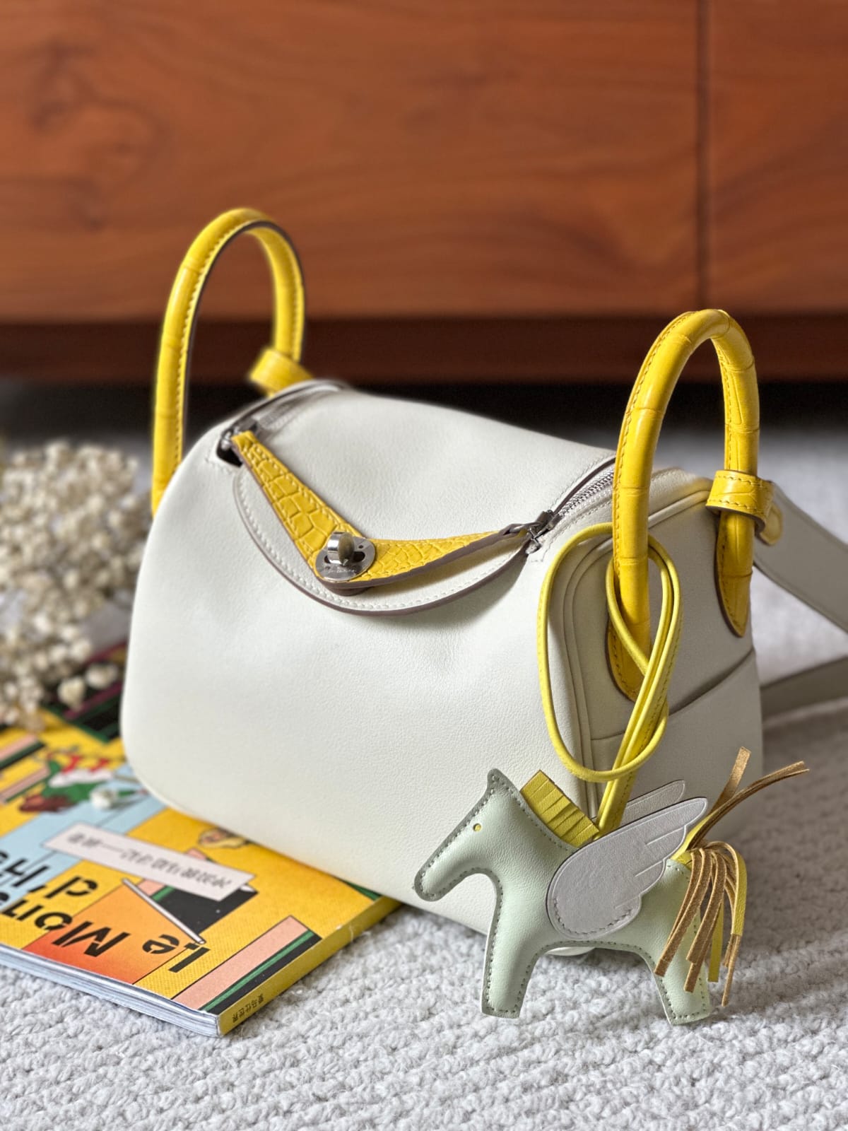 Hermes Inspired Mini Lindy Swift & Crocodile OT Mushroom White & M9 Calendula Yellow Silver Hardware by Pochette Bag