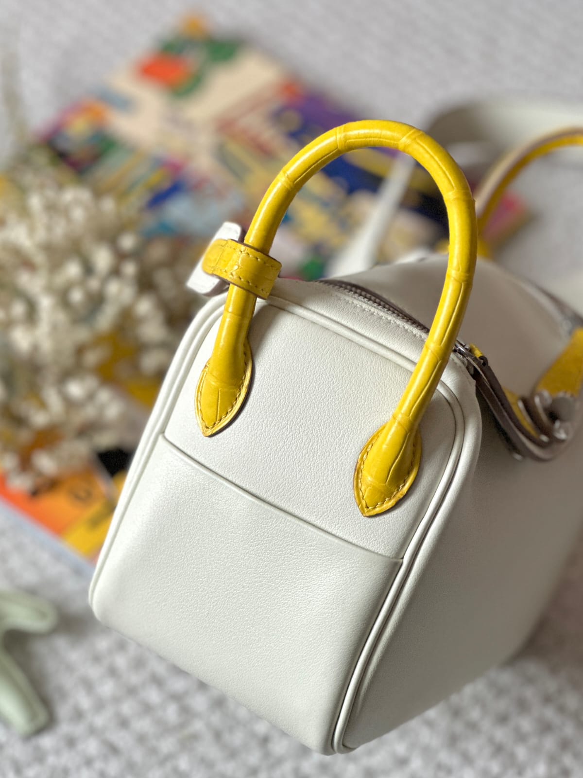 Hermes Inspired Mini Lindy Swift & Crocodile OT Mushroom White & M9 Calendula Yellow Silver Hardware by Pochette Bag