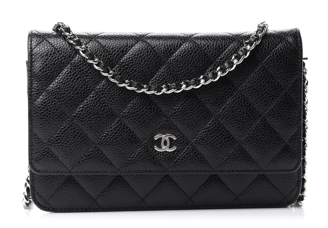 Chanel inspired WOC wallet on chain black caviar silver hardware - pochettereps