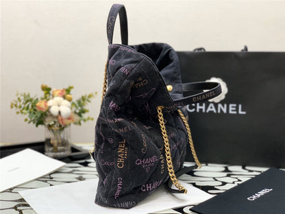 Chanel Inspired Denim Mood Shopping Tote Bag
