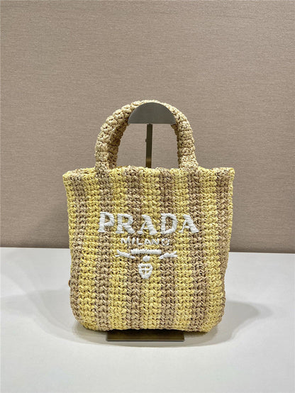 Prada Inspired Small Raffia Striped Tote Bag