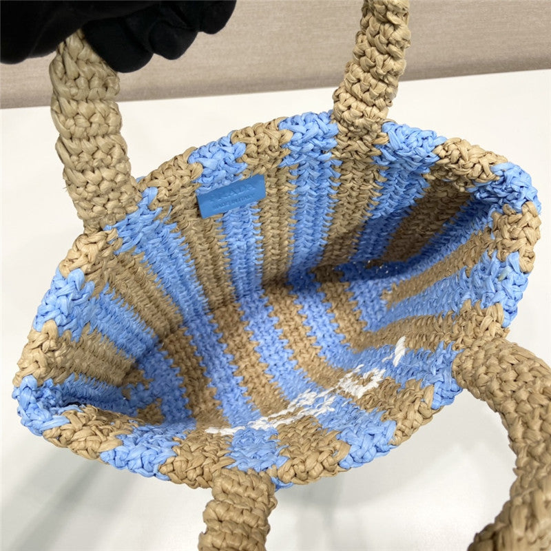 Prada Inspired Small Raffia Striped Tote Bag