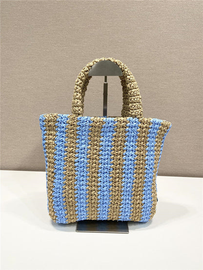 Prada Inspired Small Raffia Striped Tote Bag