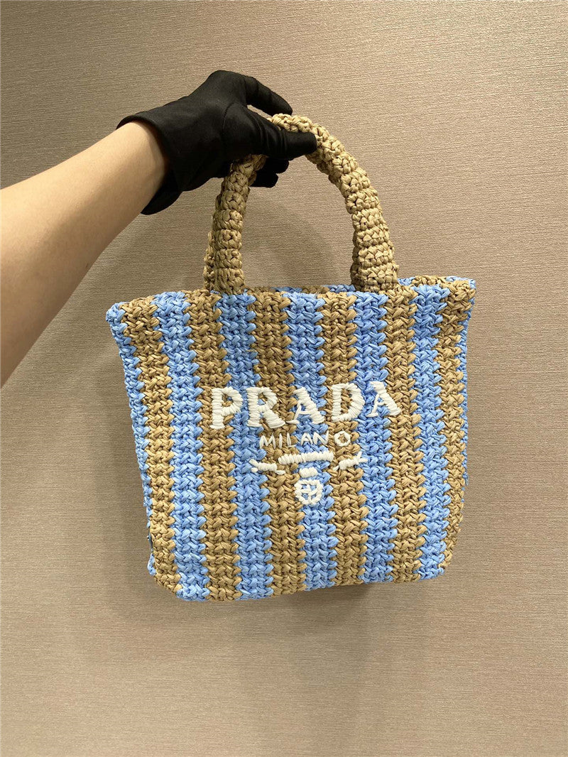 Prada Inspired Small Raffia Striped Tote Bag
