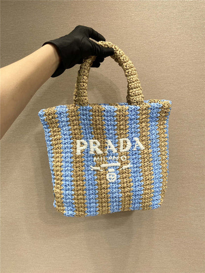 Prada Inspired Small Raffia Striped Tote Bag