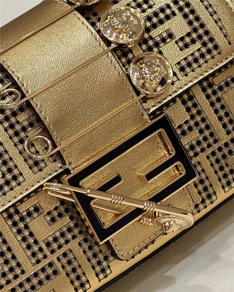 Fendi x Versace Inspired Metallic Brooch Baguette Bag