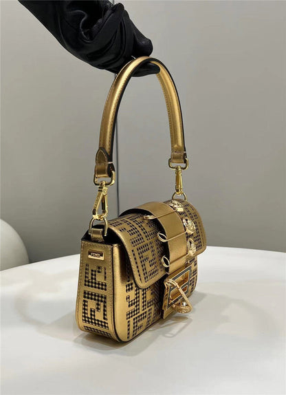 Fendi x Versace Inspired Metallic Brooch Baguette Bag