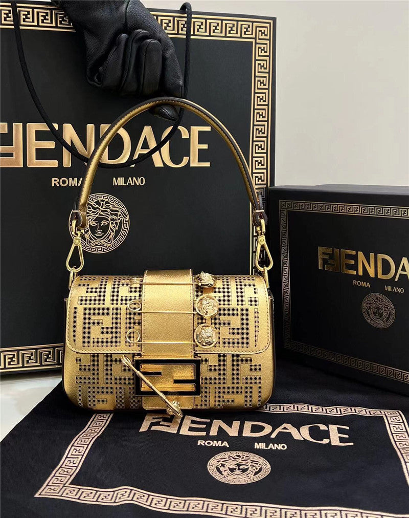 Fendi x Versace Inspired Metallic Brooch Baguette Bag