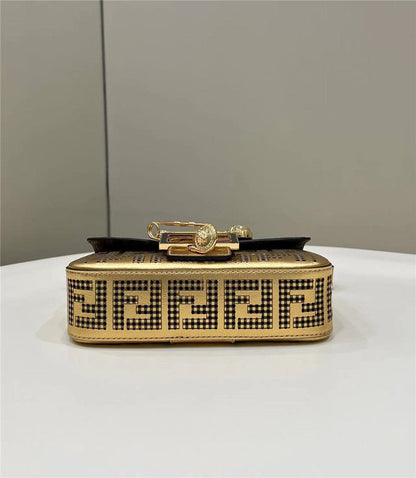Fendi x Versace Inspired Metallic Brooch Baguette Bag