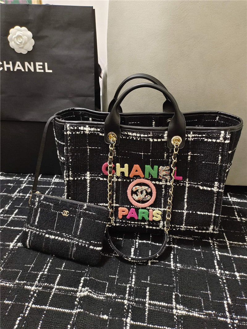 Chanel Inspired Large Shopping Bag Black White &amp; Multicolor