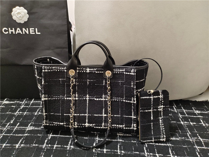 Chanel Inspired Large Shopping Bag Black White &amp; Multicolor