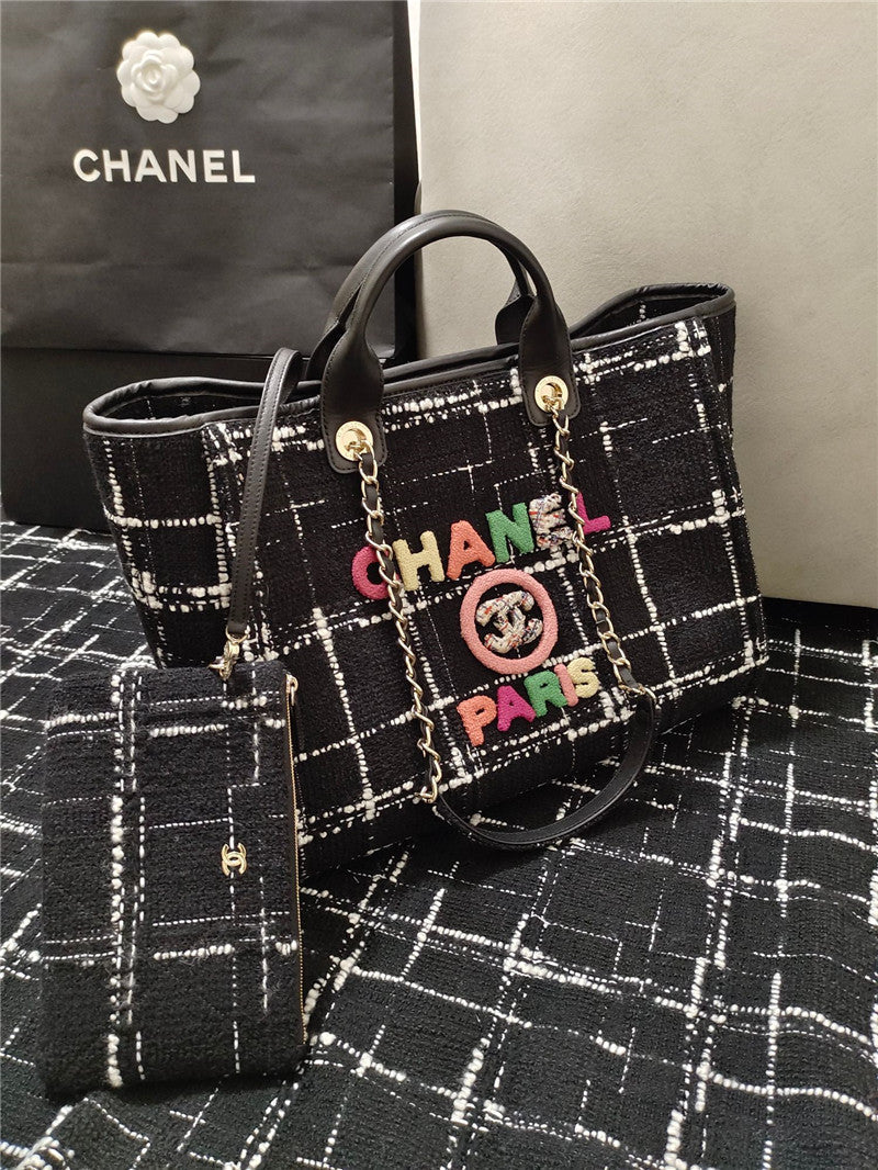 Chanel Inspired Large Shopping Bag Black White &amp; Multicolor