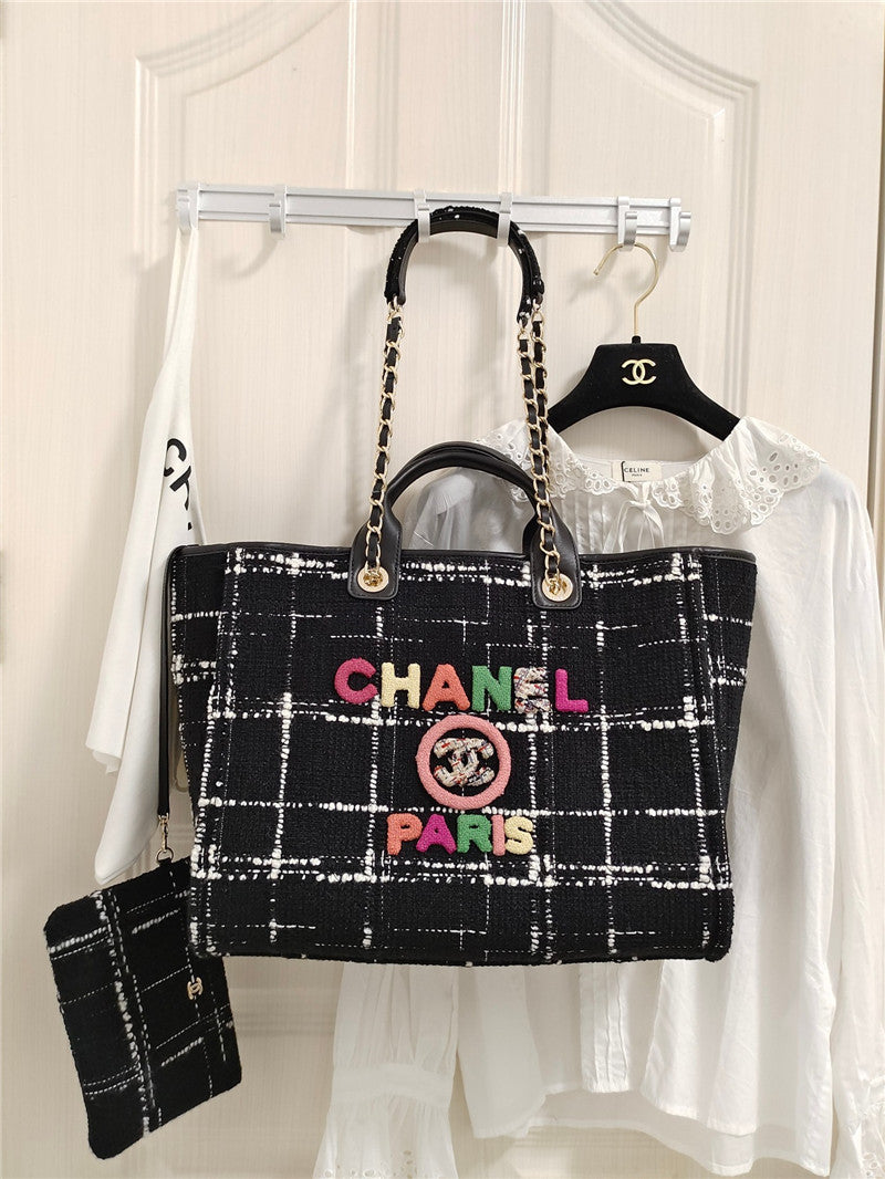 Chanel Inspired Large Shopping Bag Black White &amp; Multicolor