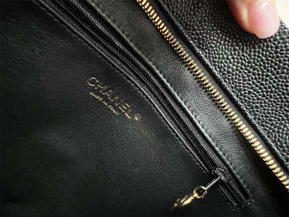Chanel inspired Caviar Medallion Tote in black bag