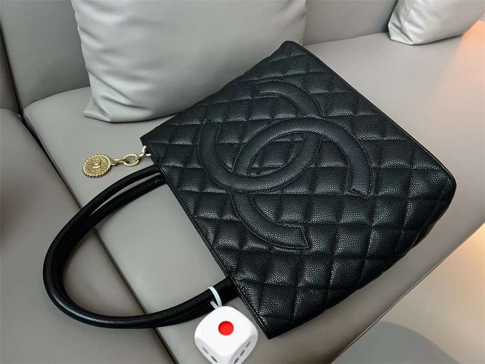 Chanel inspired Caviar Medallion Tote in black bag