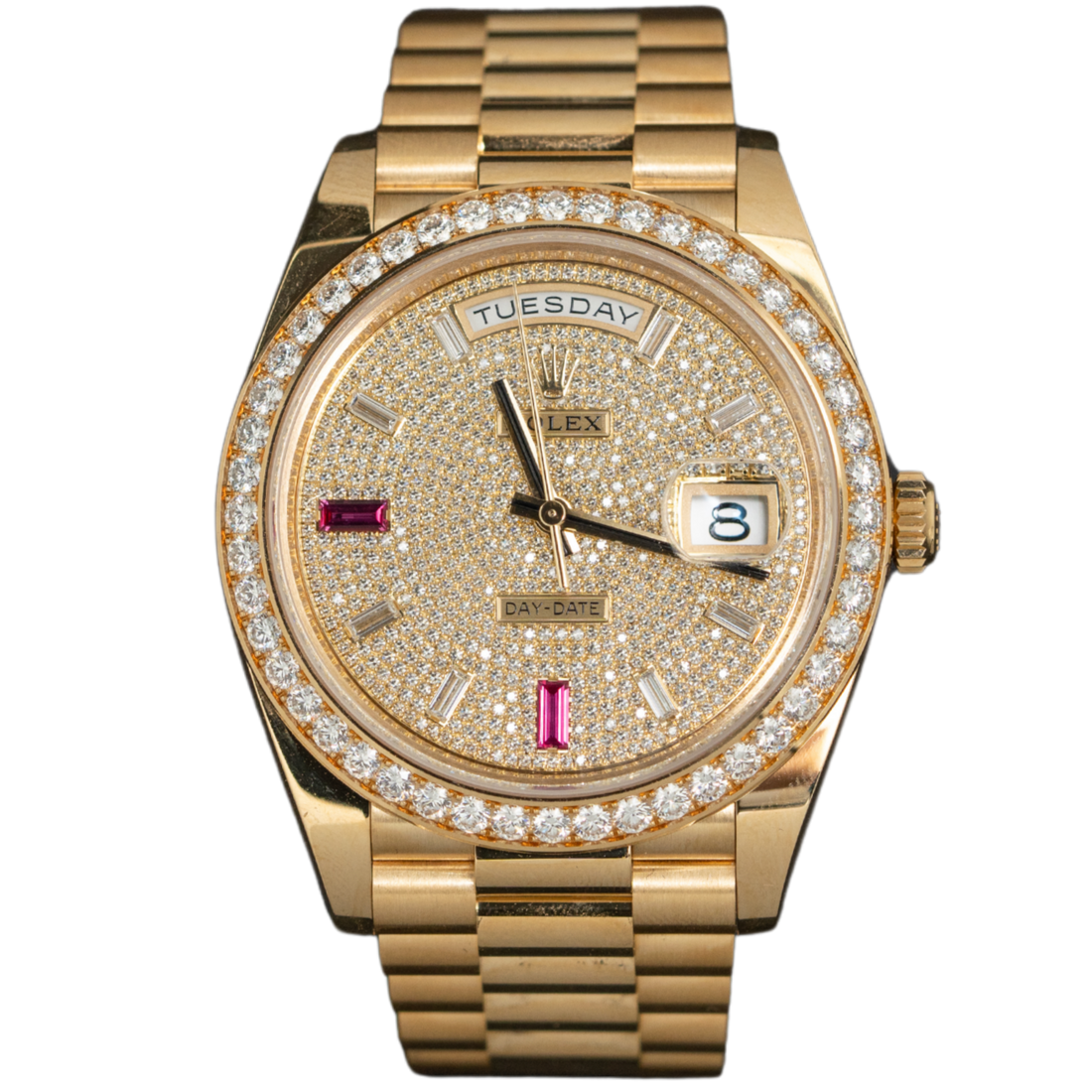 Rolex Day Date Ref. 228348RBR Yellow Gold Pave Dial/Ruby Indices with Baguette Bezel/Markers