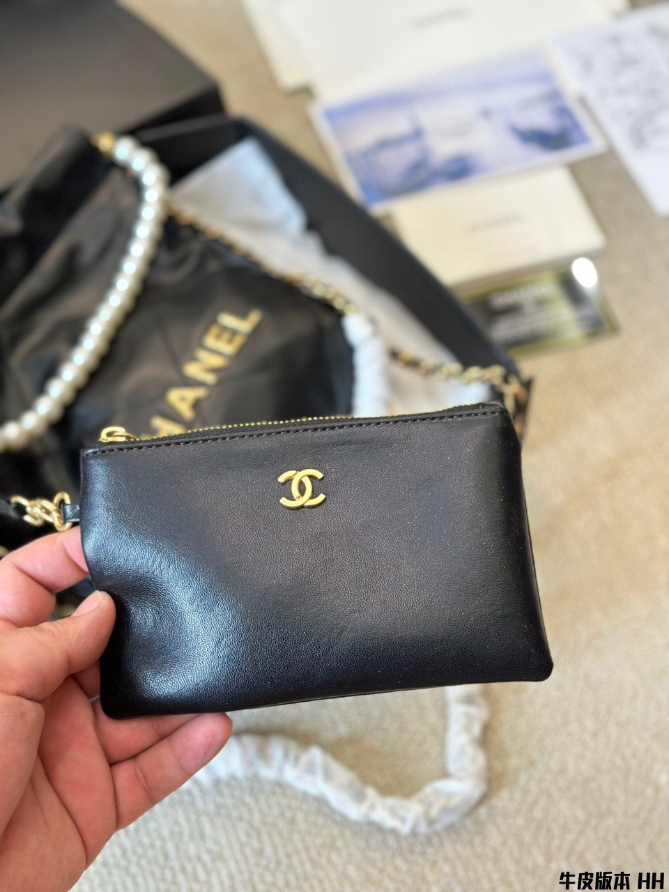 Chanel Inspired 22 Mini Pearls Crossbody Black Calf Leather | Pochettereps