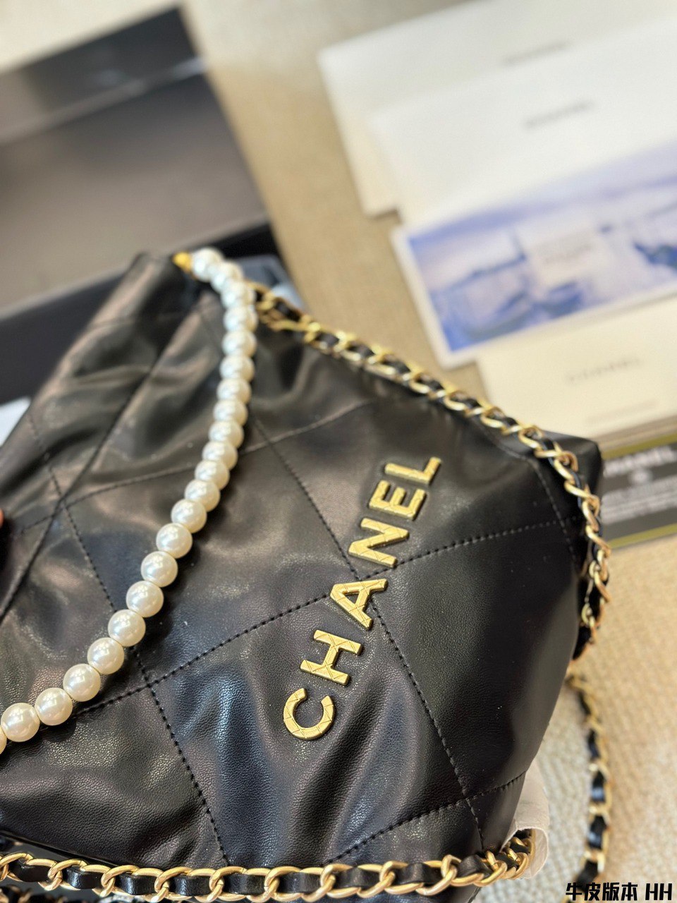 Chanel Inspired 22 Mini Pearls Crossbody Black Calf Leather | Pochettereps