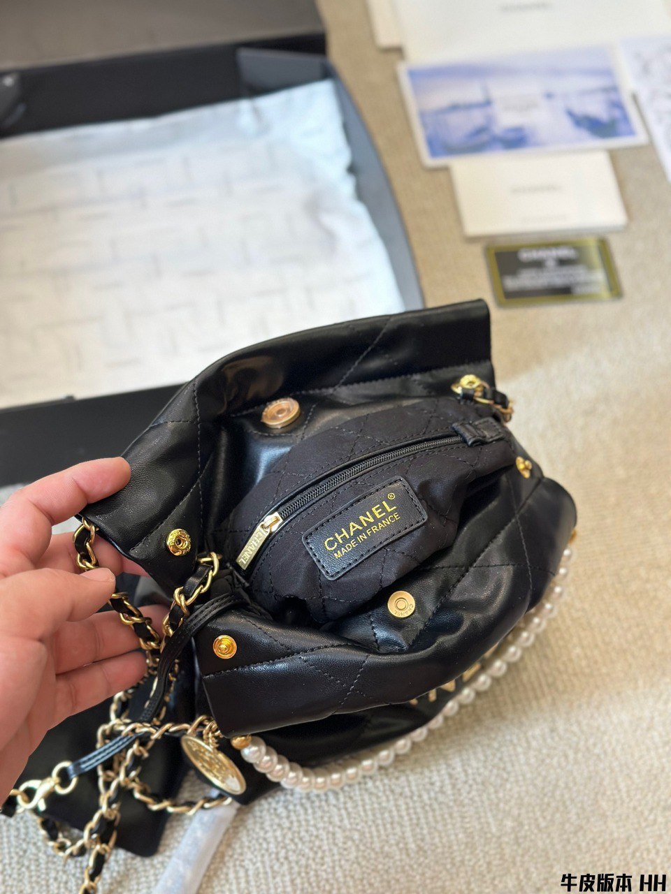 Chanel Inspired 22 Mini Pearls Crossbody Black Calf Leather | Pochettereps