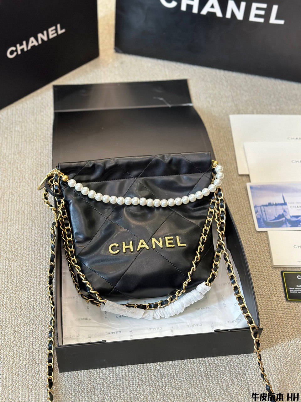 Chanel Inspired 22 Mini Pearls Crossbody Black Calf Leather | Pochettereps