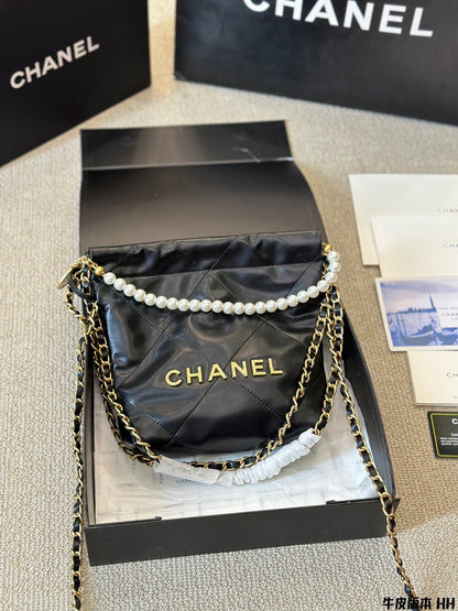 Chanel Inspired 22 Mini Pearls Crossbody Black Calf Leather | Pochettereps