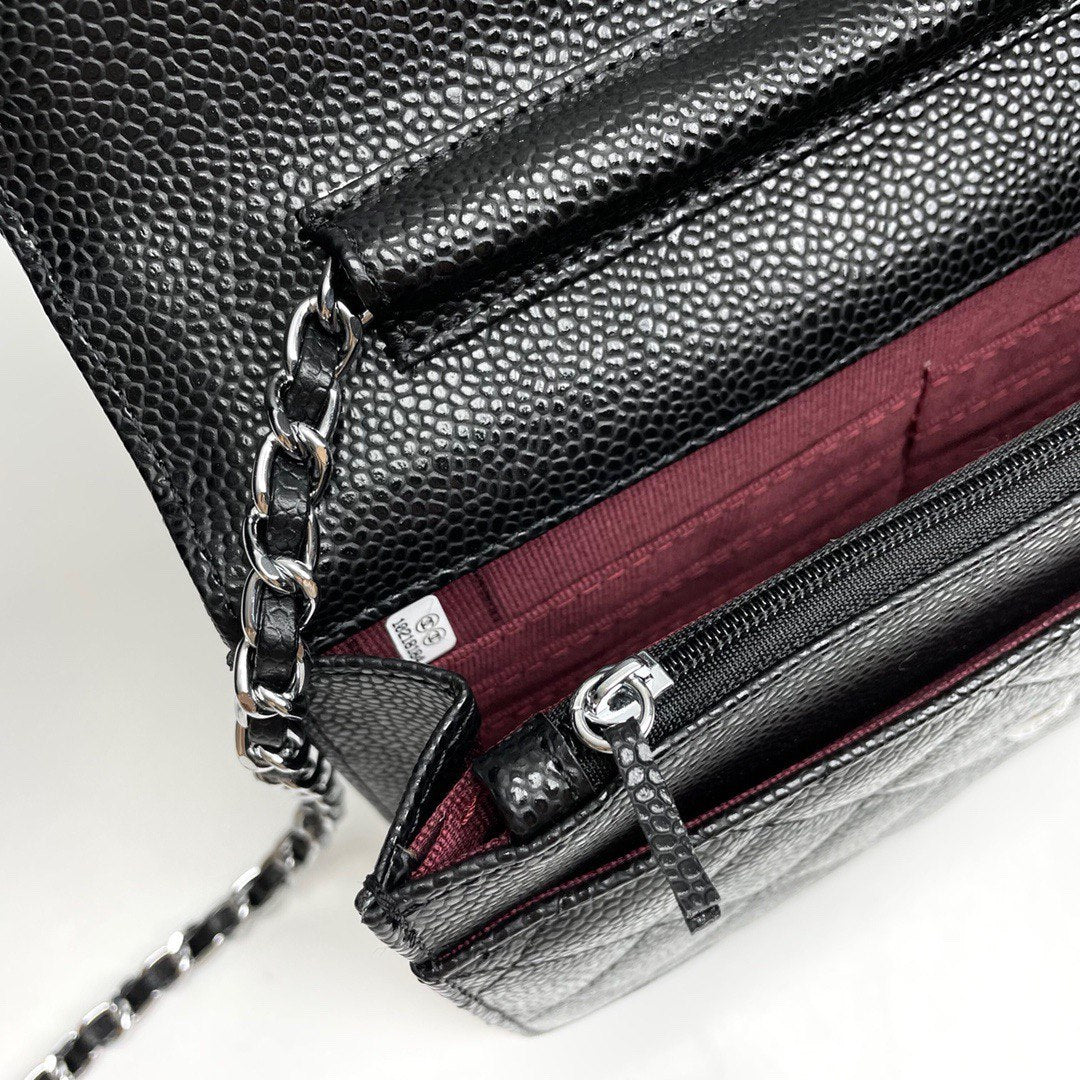 Chanel inspired WOC wallet on chain black caviar silver hardware - pochettereps