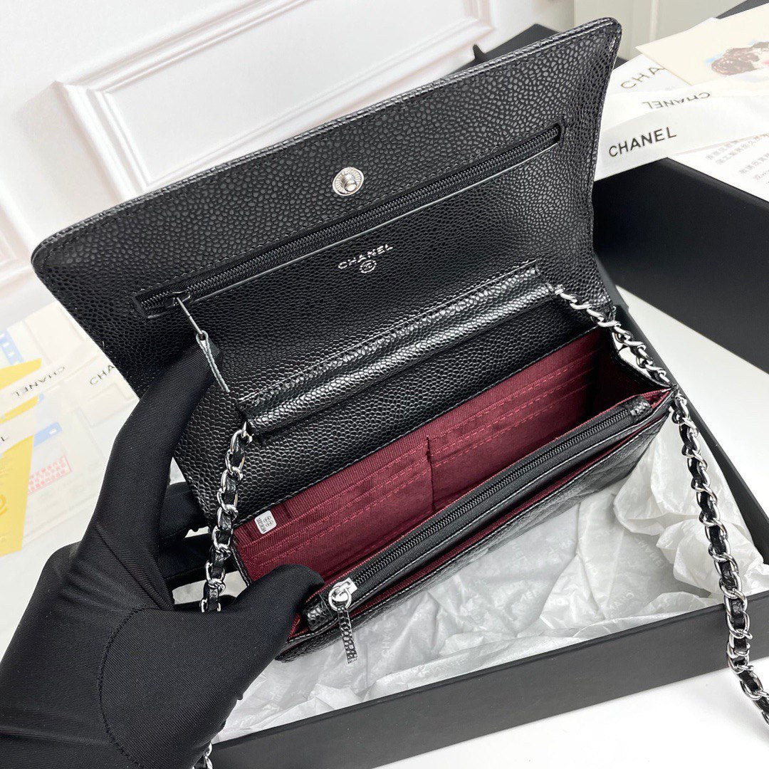 Chanel inspired WOC wallet on chain black caviar silver hardware - pochettereps