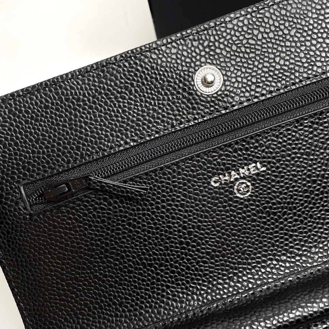Chanel inspired WOC wallet on chain black caviar silver hardware - pochettereps