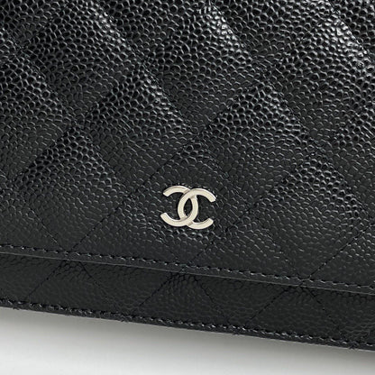 Chanel inspired WOC wallet on chain black caviar silver hardware - pochettereps