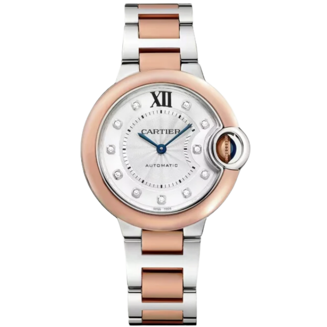 BALLON BLEU DE CARTIER 33 MM STAINLESS STEEL WITH  ROSE GOLD BEZEL AND SILVER GUILLOCHE DIAL