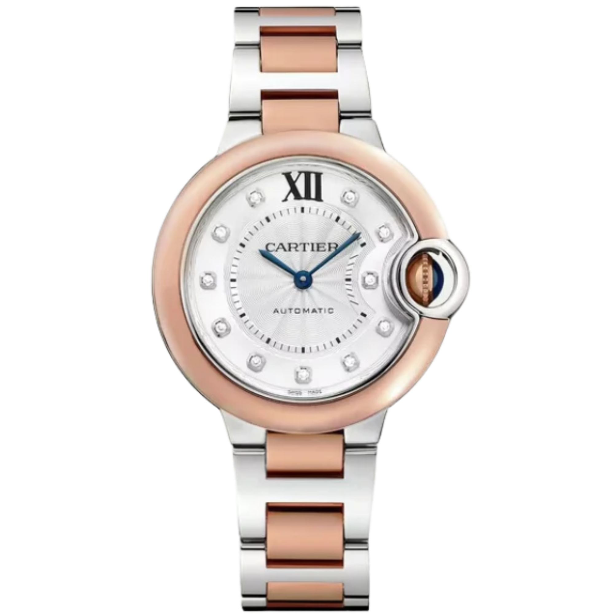BALLON BLEU DE CARTIER 33 MM STAINLESS STEEL WITH  ROSE GOLD BEZEL AND SILVER GUILLOCHE DIAL