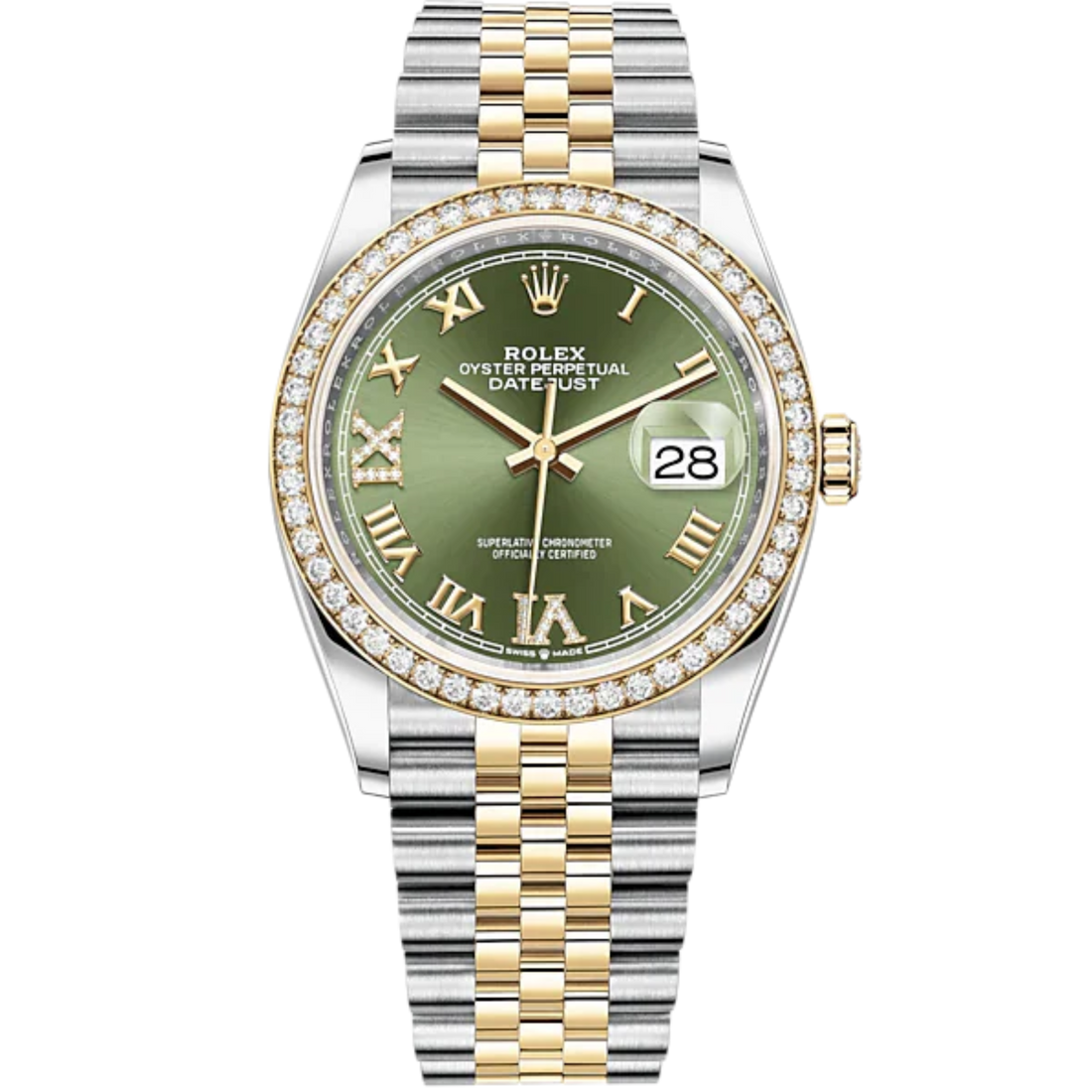 Rolex Datejust Ref. 126283RBR Two Tone YG/SS Green Dial with Diamond 6&amp;9 Markers/Jubilee Bracelet