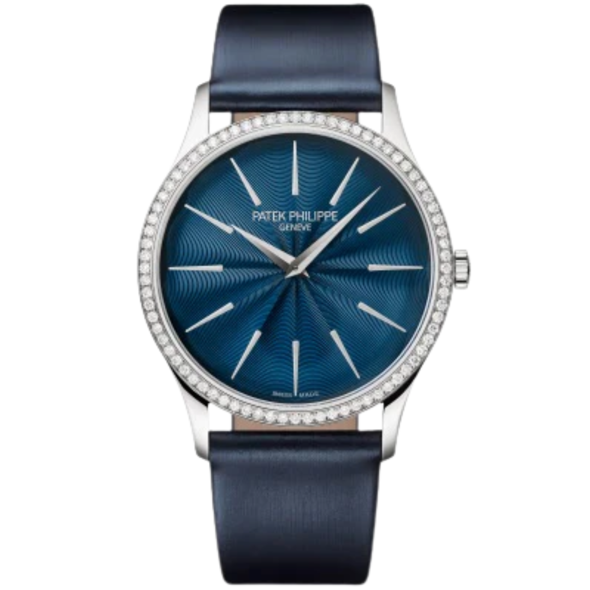 4997/200G Calatrava 35mm Satinated Shiny Navy Blue Brushed Calfskin Strap Midnight Blue Guilloched Lacquered Dial Diamond-set White Gold Bezel