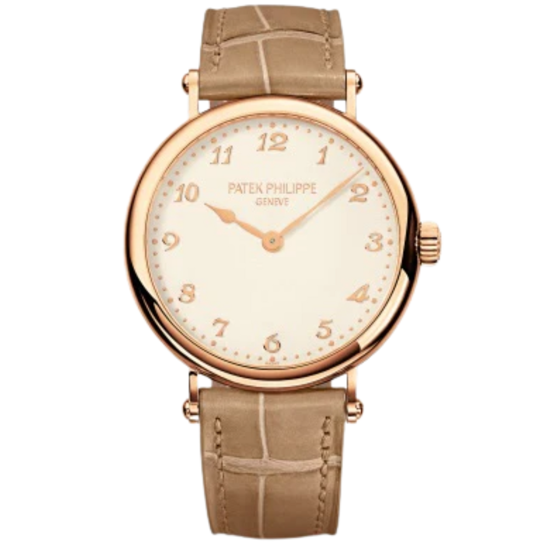 7200R Calatrava 34.6mm Matte Pearly Beige Alligator Strap Silvery-Grained Dial Rose Gold Bezel