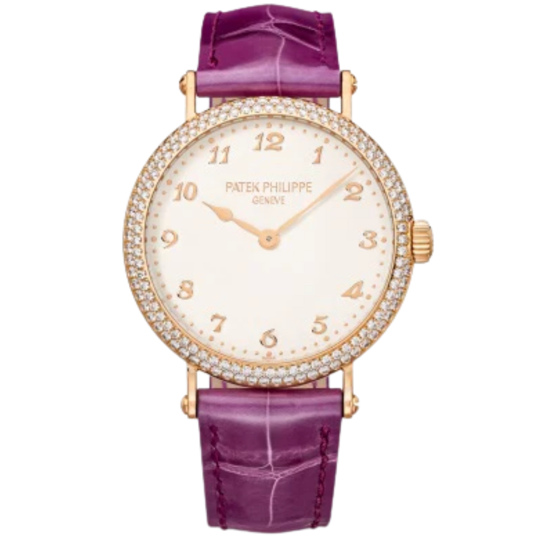 7200/200R Calatrava 34.6mm Shiny Royal Purple Alligator Strap Silvery-Grained Dial Diamond Case-set Rose Gold Bezel