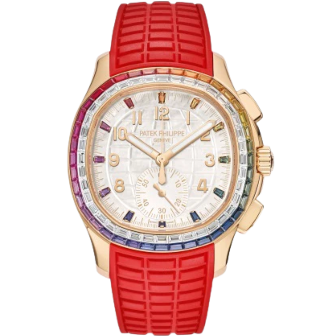 7968/300R Aquanaut 39.9 mm Red/Matte Beige &amp; Matte White Strap White Mother-of-Pearl Dial Rainbow-Sapphire Diamond-set Rose Gold Bezel