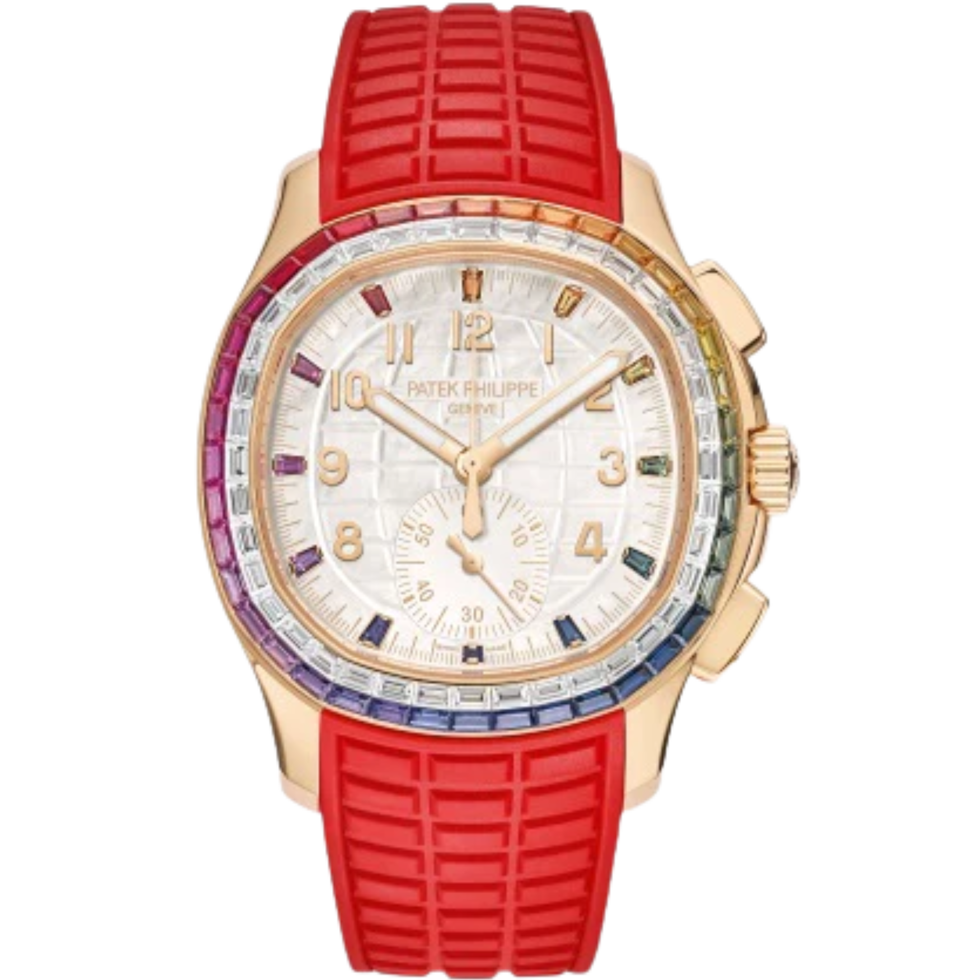7968/300R Aquanaut 39.9 mm Red/Matte Beige &amp; Matte White Strap White Mother-of-Pearl Dial Rainbow-Sapphire Diamond-set Rose Gold Bezel