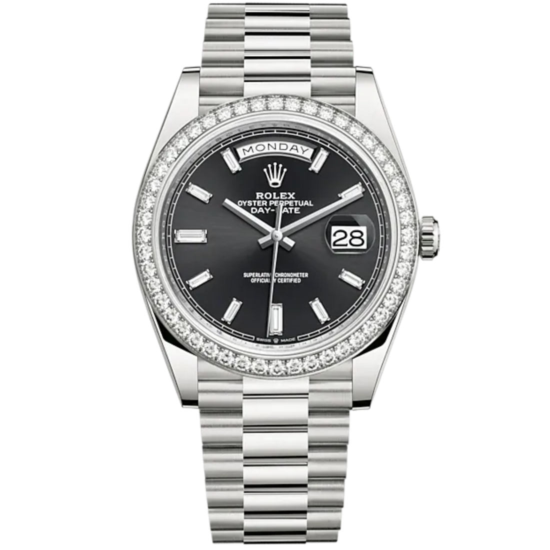 Rolex Day Date Ref. 228349RBR White Gold Black Dial with Baguette Markers/Diamond Bezel