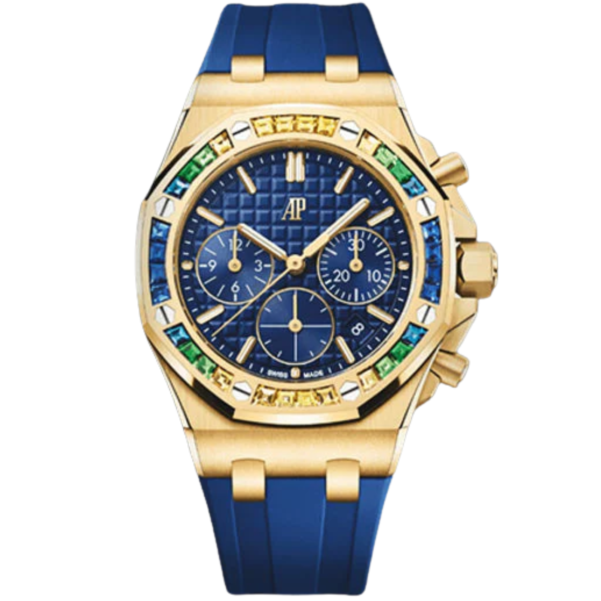 Audemars Piguet Royal Oak Offshore Ref. 26236BA.YY.D346CA.01 37MM Yellow Gold Blue Dial/Rainbow Bezel