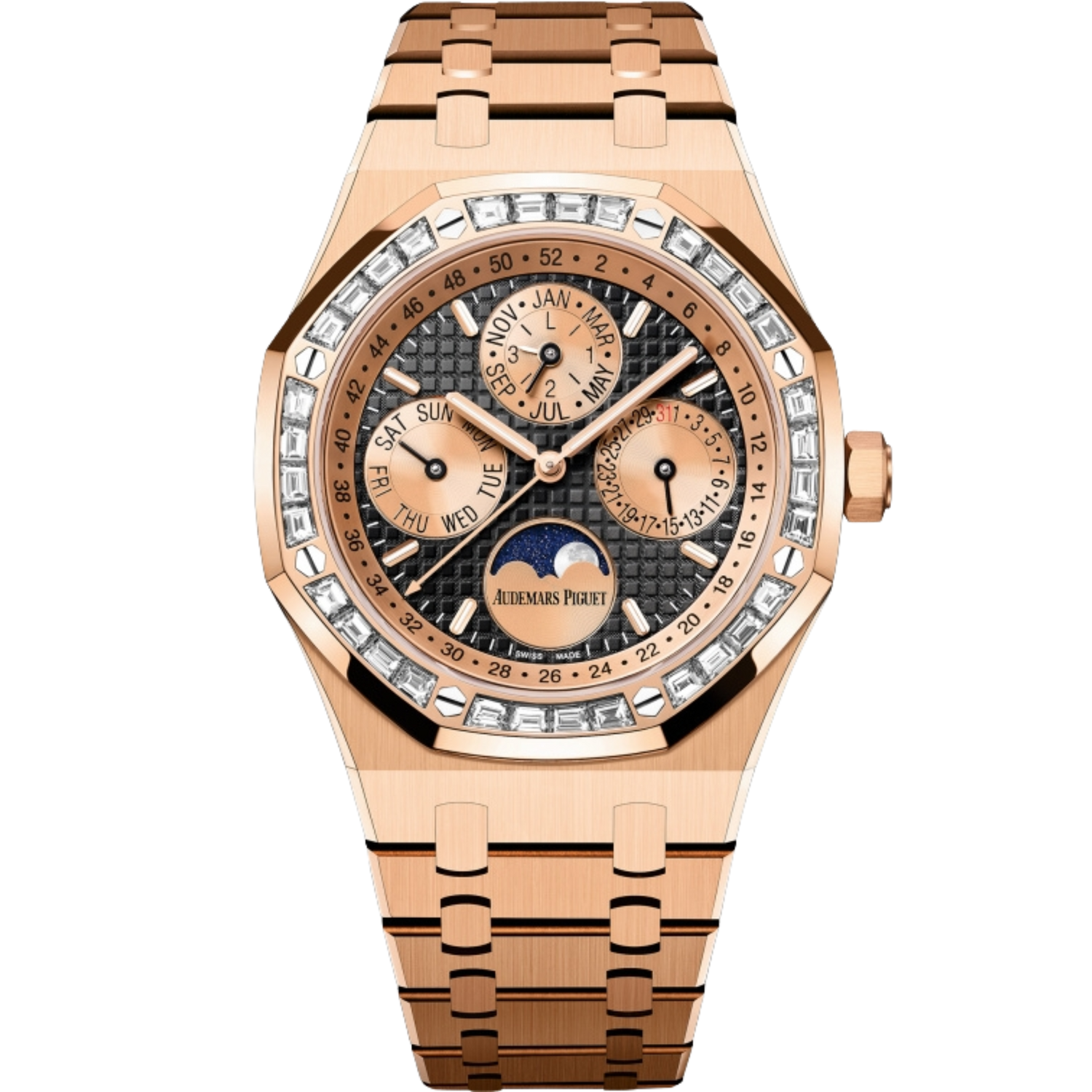 Audemars Piguet Ref. 26614OR.ZZ.1220OR.01 Rose Gold Perpetual Calendar with Black Dial / Rose Gold Subdials / Factory Baguette Bezel
