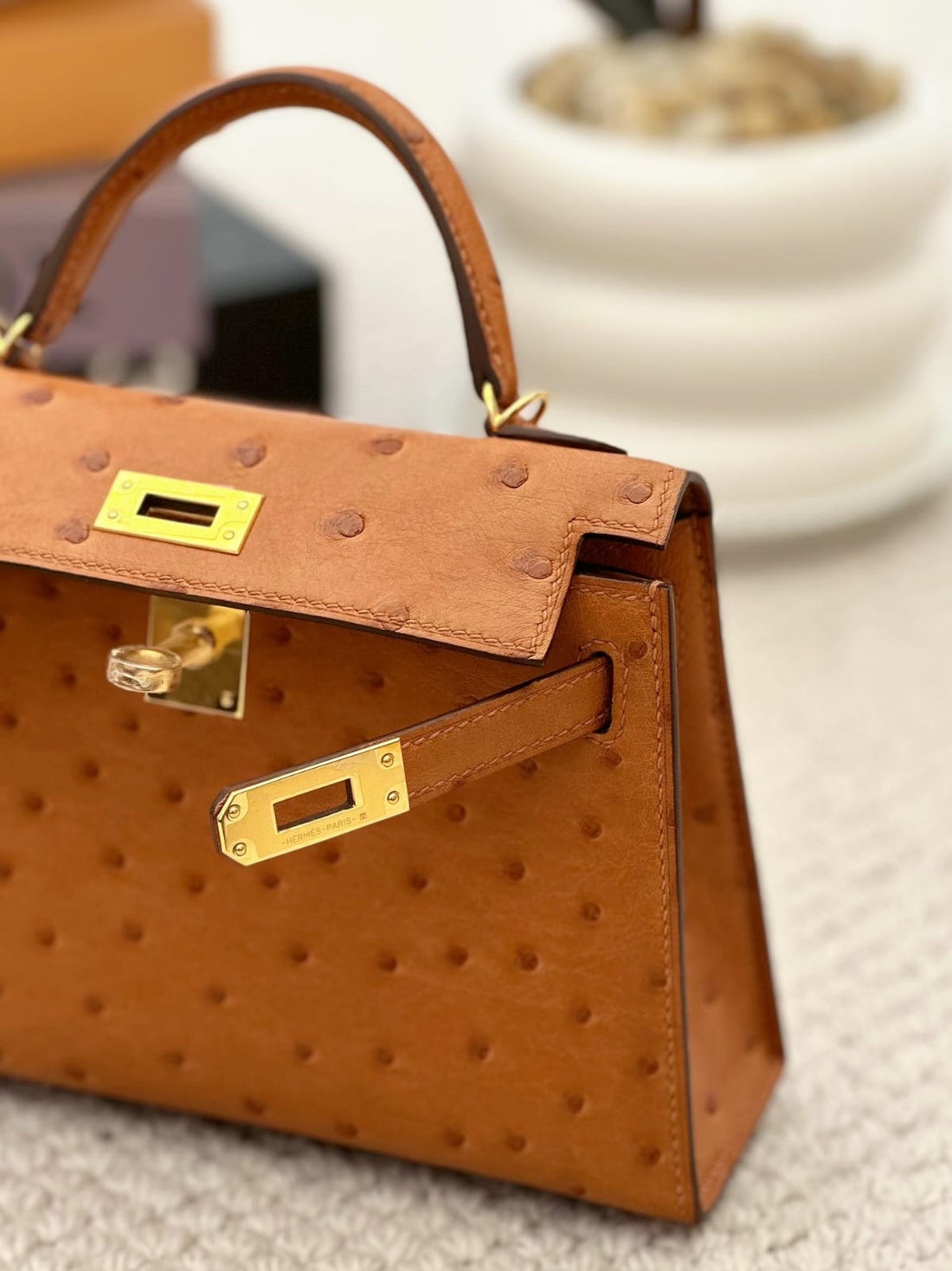 Hermes Inspired Kelly Sellier 20 Gold Ostrich Gold Hardware